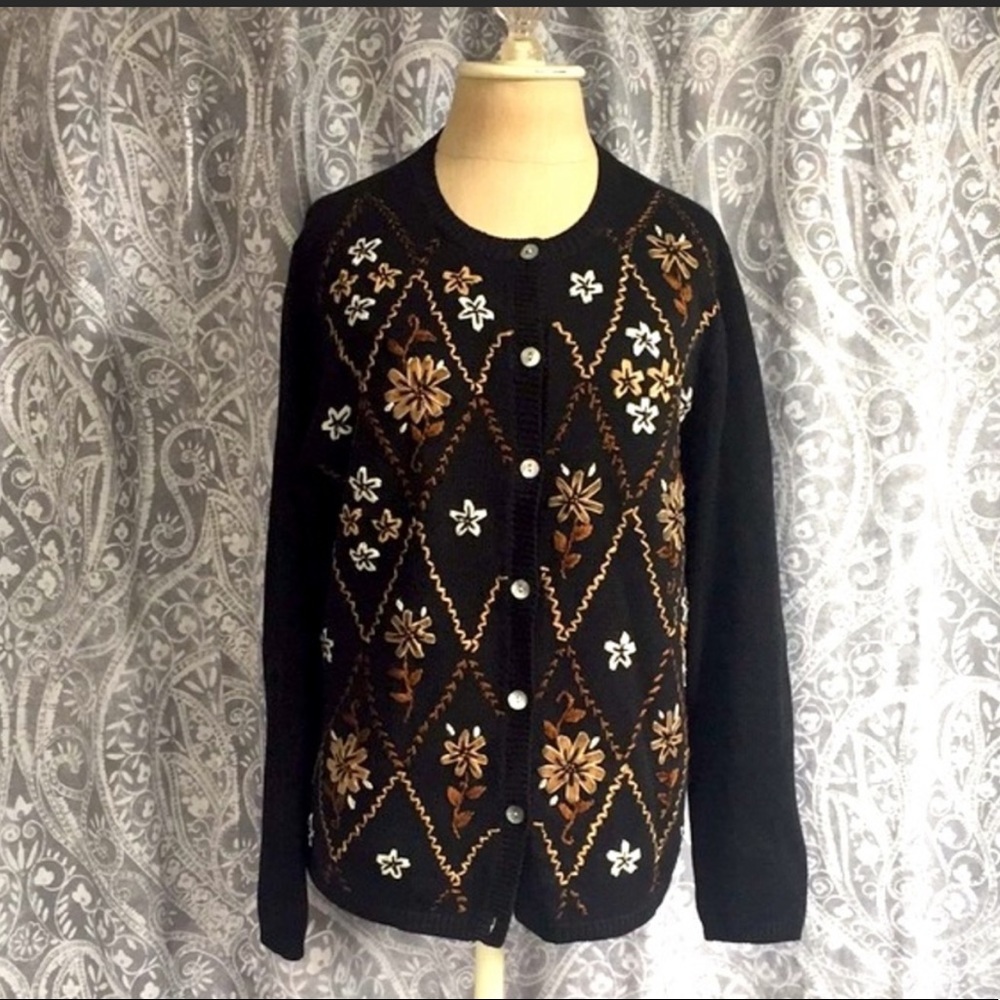 Vintage Alfred Dunner Black Knit Cardigan Sweater w/ Embroidered Flowers S